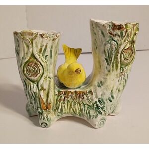 Ucagco Yellow Bird on Tree Trunk Ceramic Double Vase Japan Vintage Cottagecore